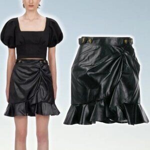 SELF-PORTRAIT Faux Leather Flounced Mini Skirt Sz 2 Black